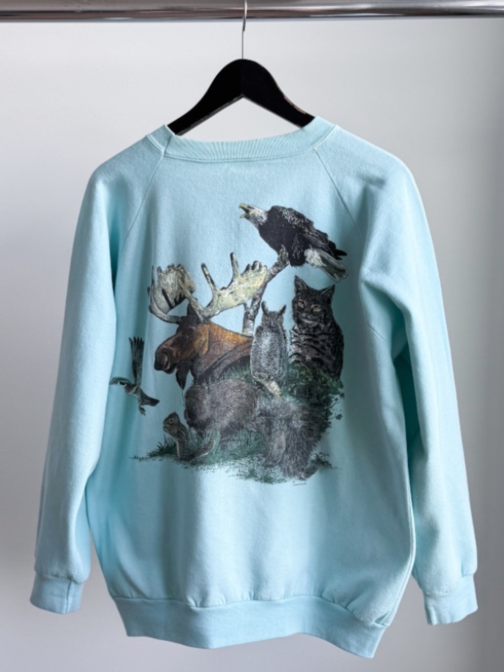 Vtg 1989 Harlequin Nature Graphics Wildlife Bear Moose Sweatshirt M Seafoam Aqua - Picture 2 of 13